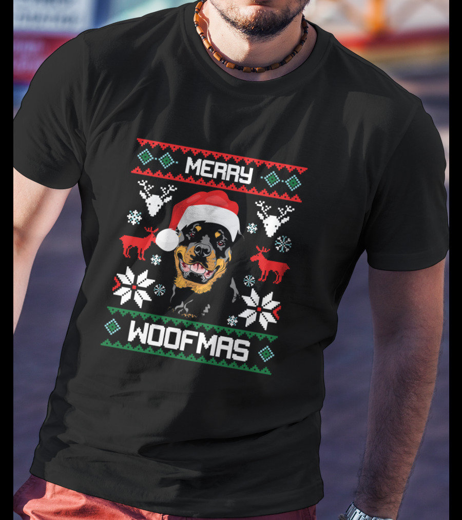 Rottweiler Merry Woofmas Santa Hat Reindeer Ugly Christmas T-Shirt