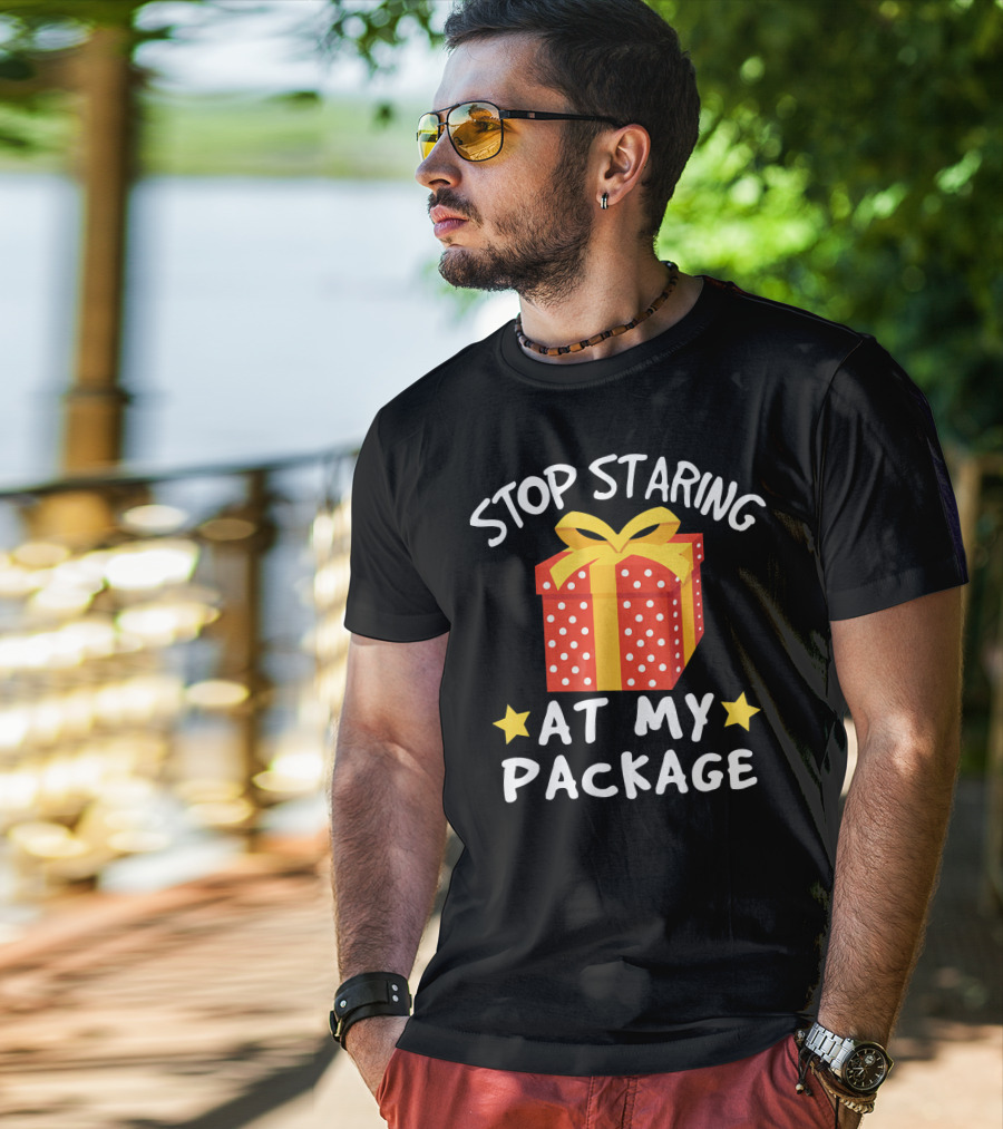 Stop Staring At My Package Funny Christmas Adult Humor Pun T-Shirt