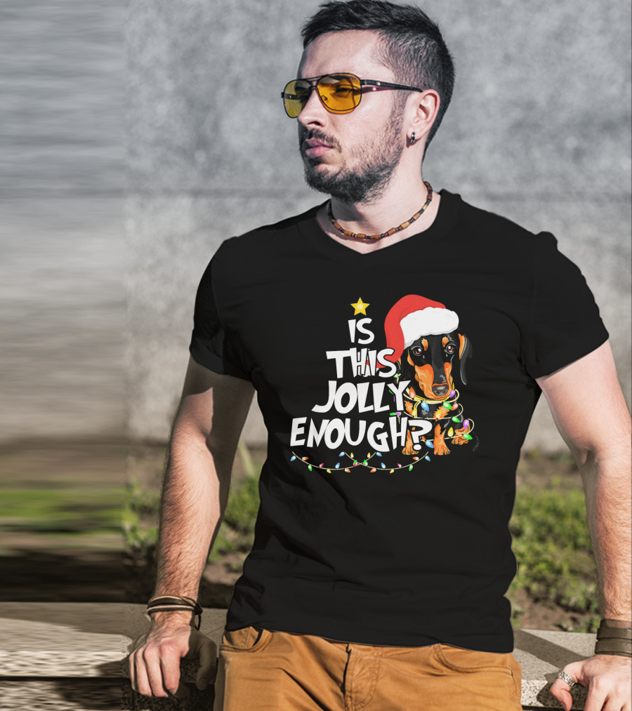 Is This Jolly Enough Christmas Dachshund With Santa Hat And Lights T-Shirt