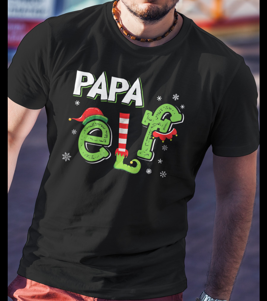 PAPA ELF Christmas Hat Stripes And Snowflakes T-Shirt