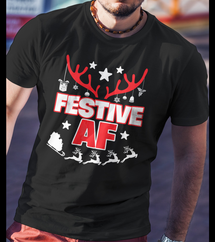 Festive AF Antlers Reindeer Stars Christmas Sled T-Shirt