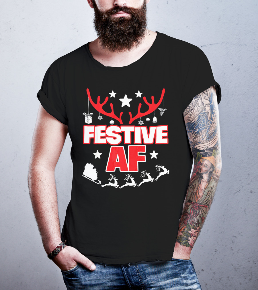 Festive AF Antlers Reindeer Stars Christmas Sled T-Shirt