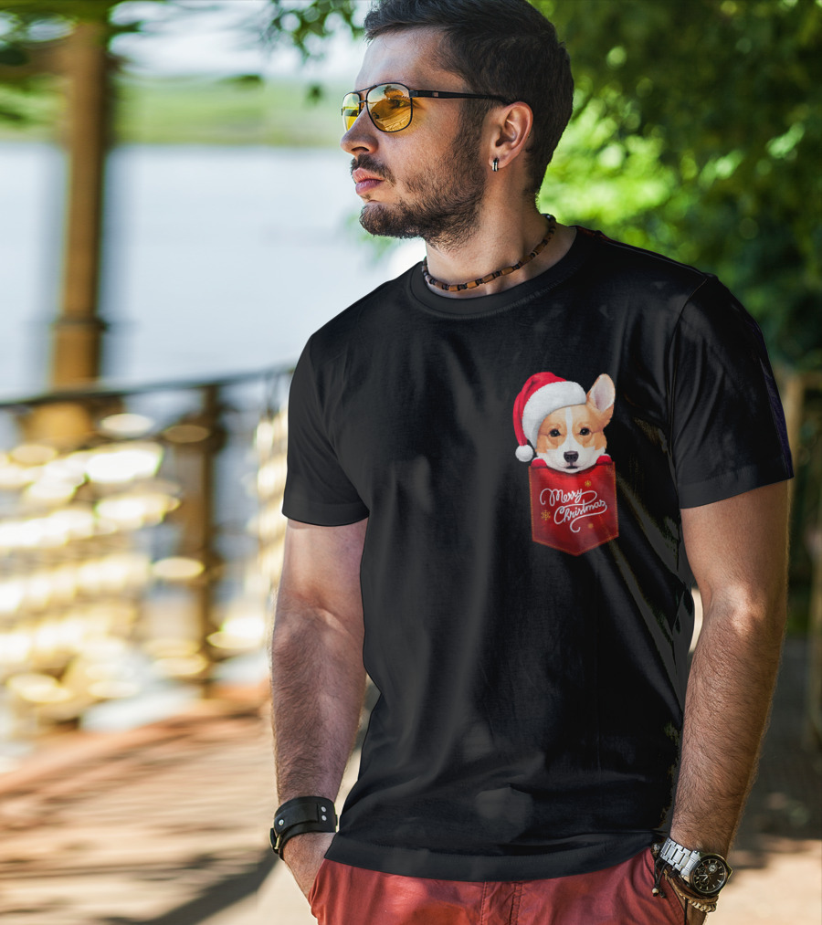 Merry Christmas Welsh Corgi In Santa Hat Pocket T-Shirt