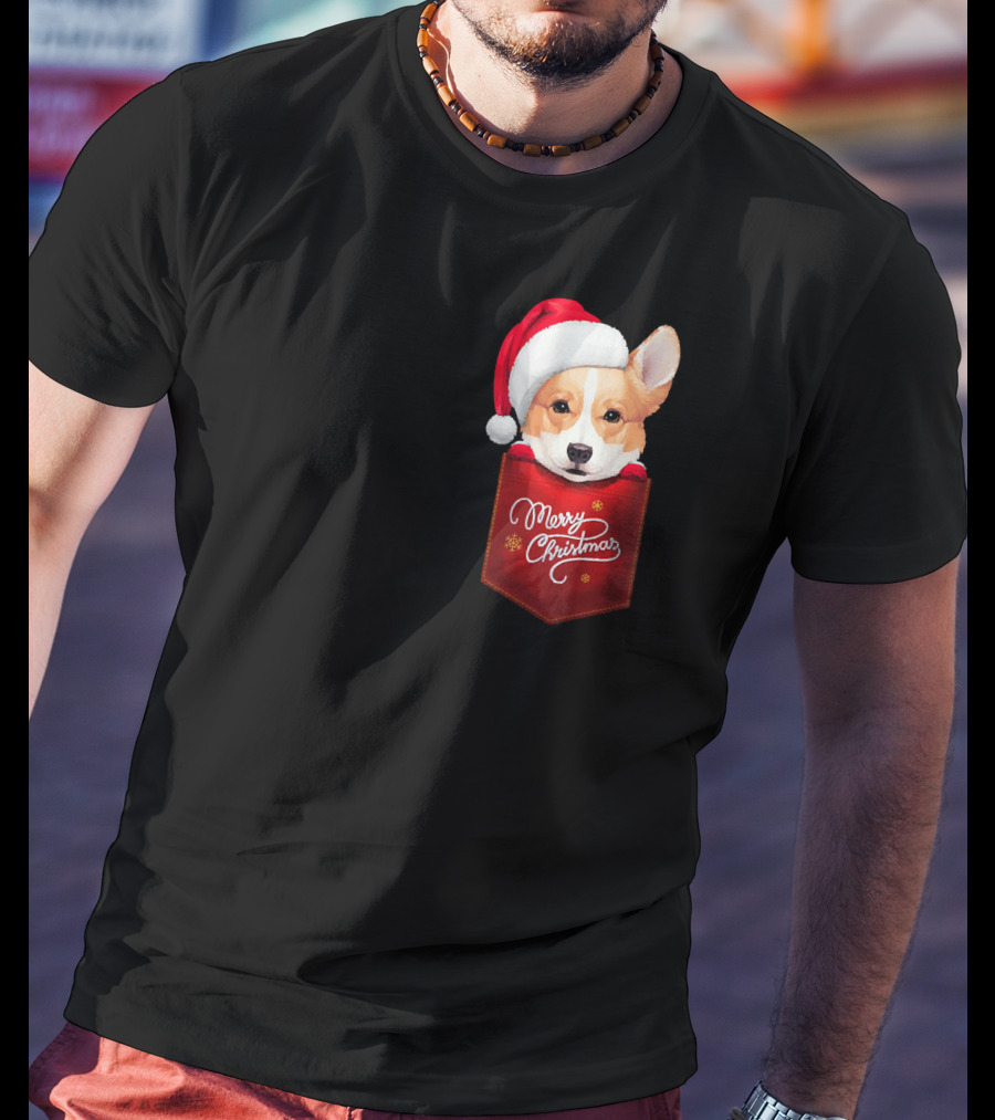 Merry Christmas Welsh Corgi In Santa Hat Pocket T-Shirt