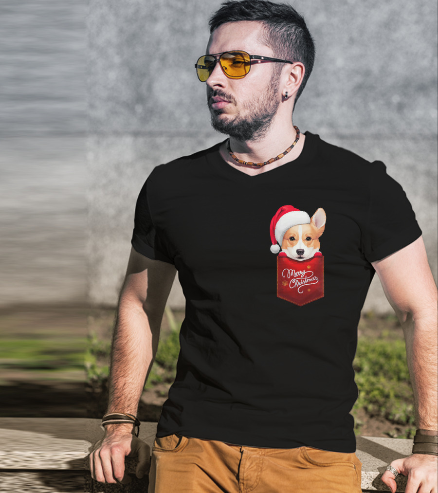 Merry Christmas Welsh Corgi In Santa Hat Pocket T-Shirt