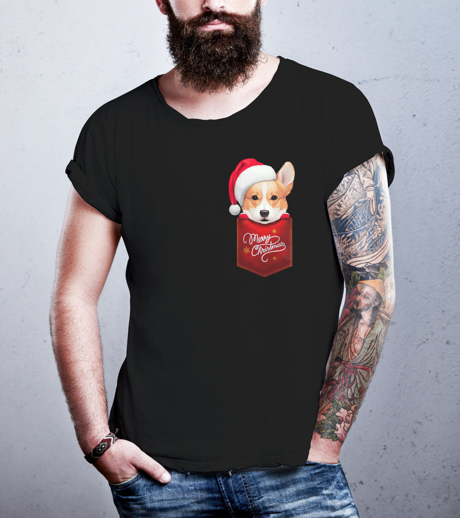 Merry Christmas Welsh Corgi In Santa Hat Pocket T-Shirt