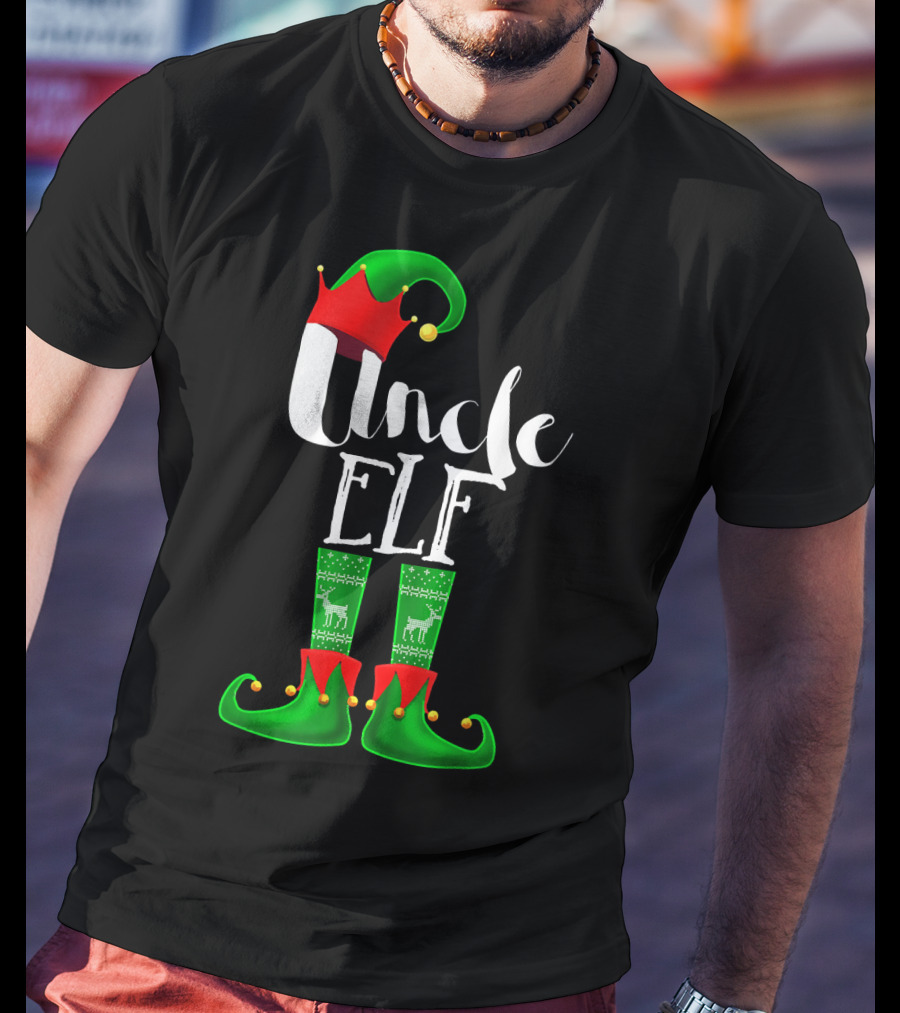 Uncle Elf Christmas Outfit With Santa Hat And Festive Green Boots T-Shirt