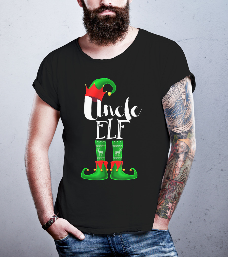 Uncle Elf Christmas Outfit With Santa Hat And Festive Green Boots T-Shirt