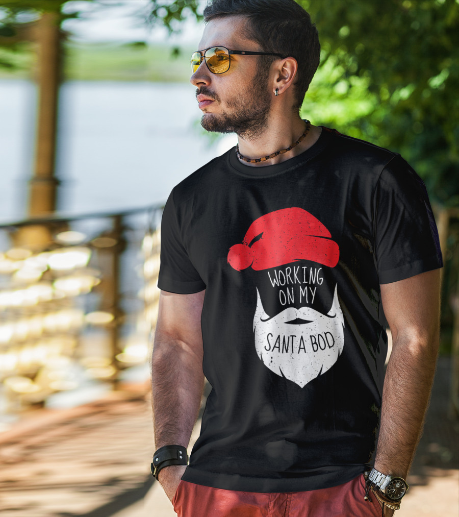 Mens Working On My Santa Bod Beard Santa Hat T-Shirt