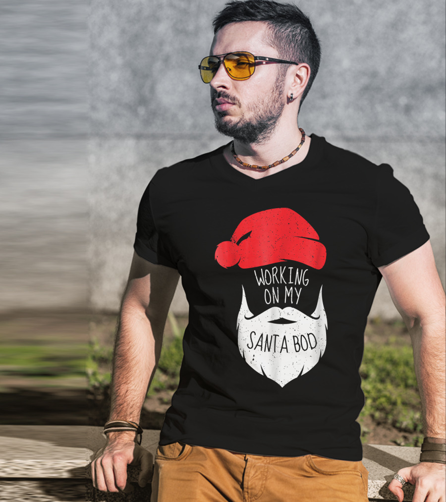 Mens Working On My Santa Bod Beard Santa Hat T-Shirt