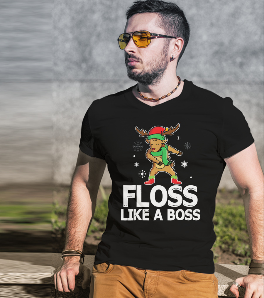 Reindeer ELF Costume Floss Like A Boss Snowflakes Christmas Dance T-Shirt