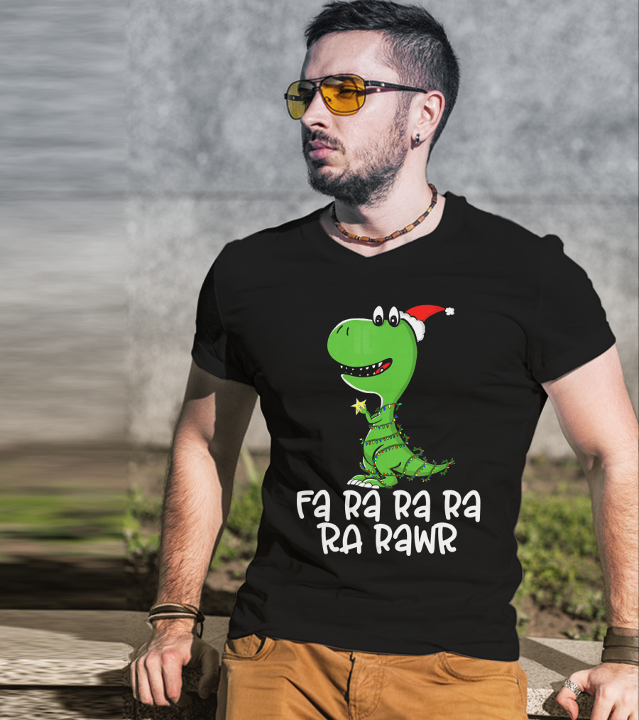 Fa Ra Ra Ra Rawr Dinosaur Christmas Lights Santa Hat T-Shirt