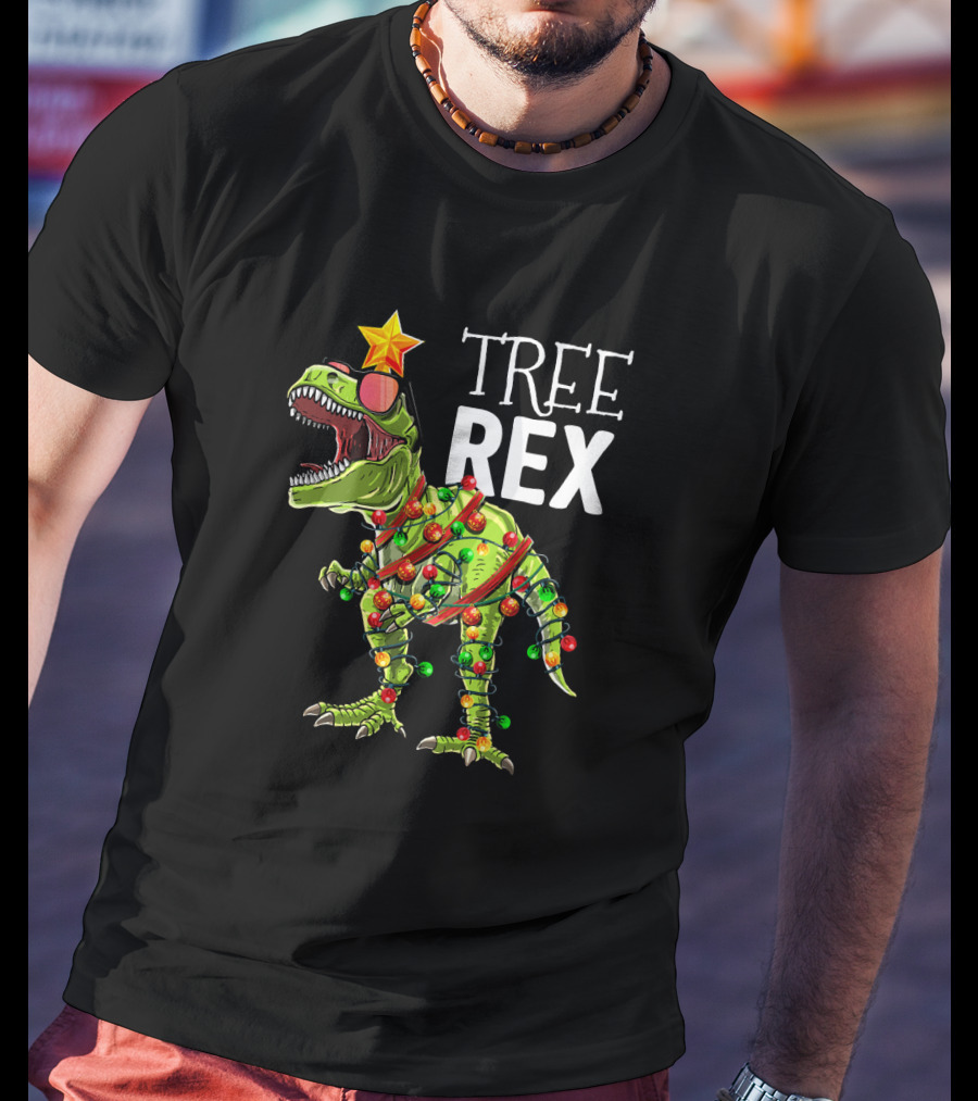 Tree Rex Dinosaur With Christmas Lights And Star T-Shirt