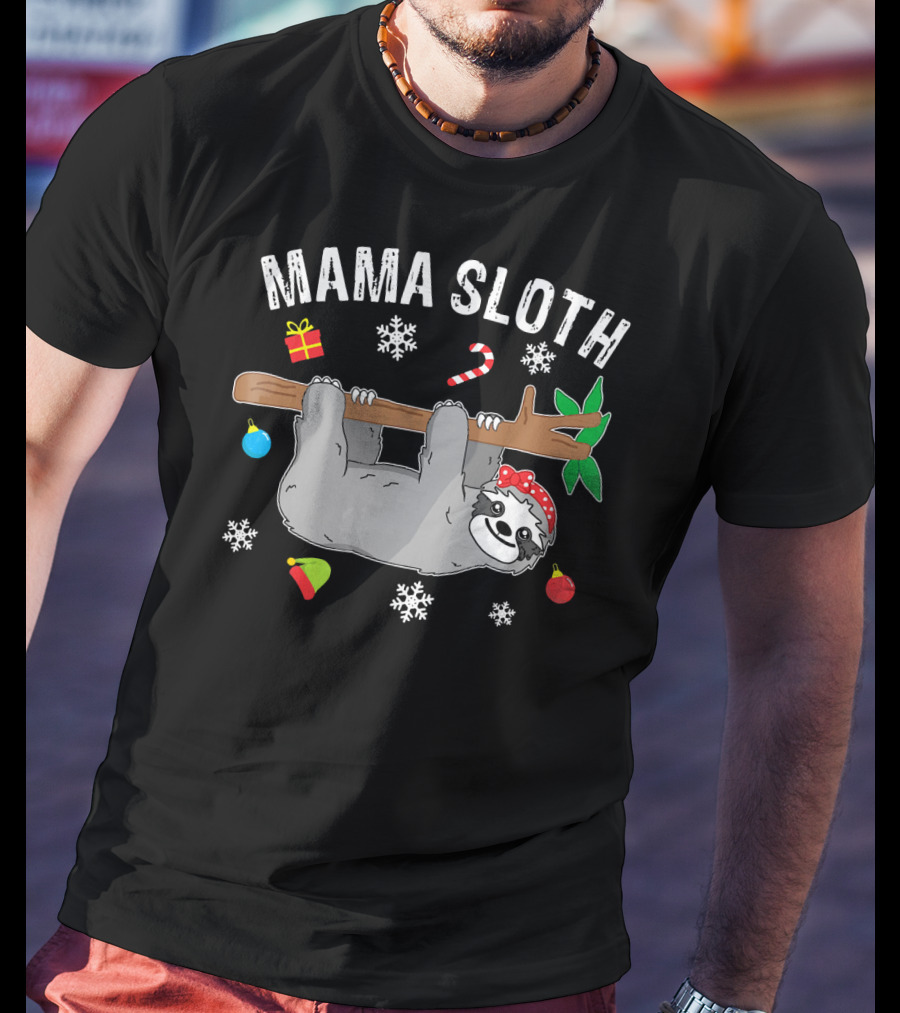 Mama Sloth Christmas Snowflakes Candy Cane Hanging T-Shirt