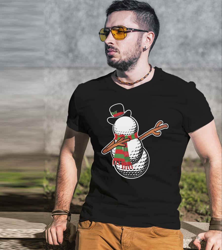 Dabbing Golf Snowman Christmas Hat And Scarf T-Shirt
