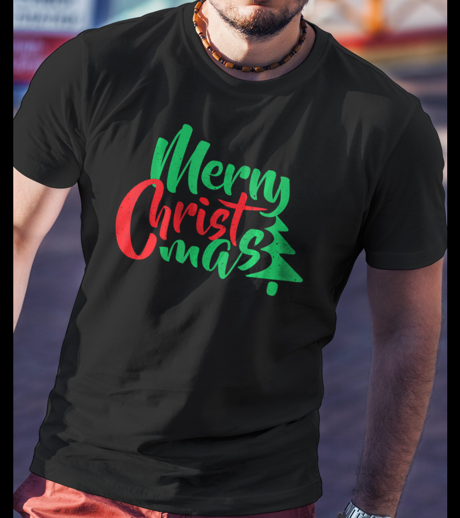 Merry Christmas Tree Design In Festive Red And Green T-Shirt