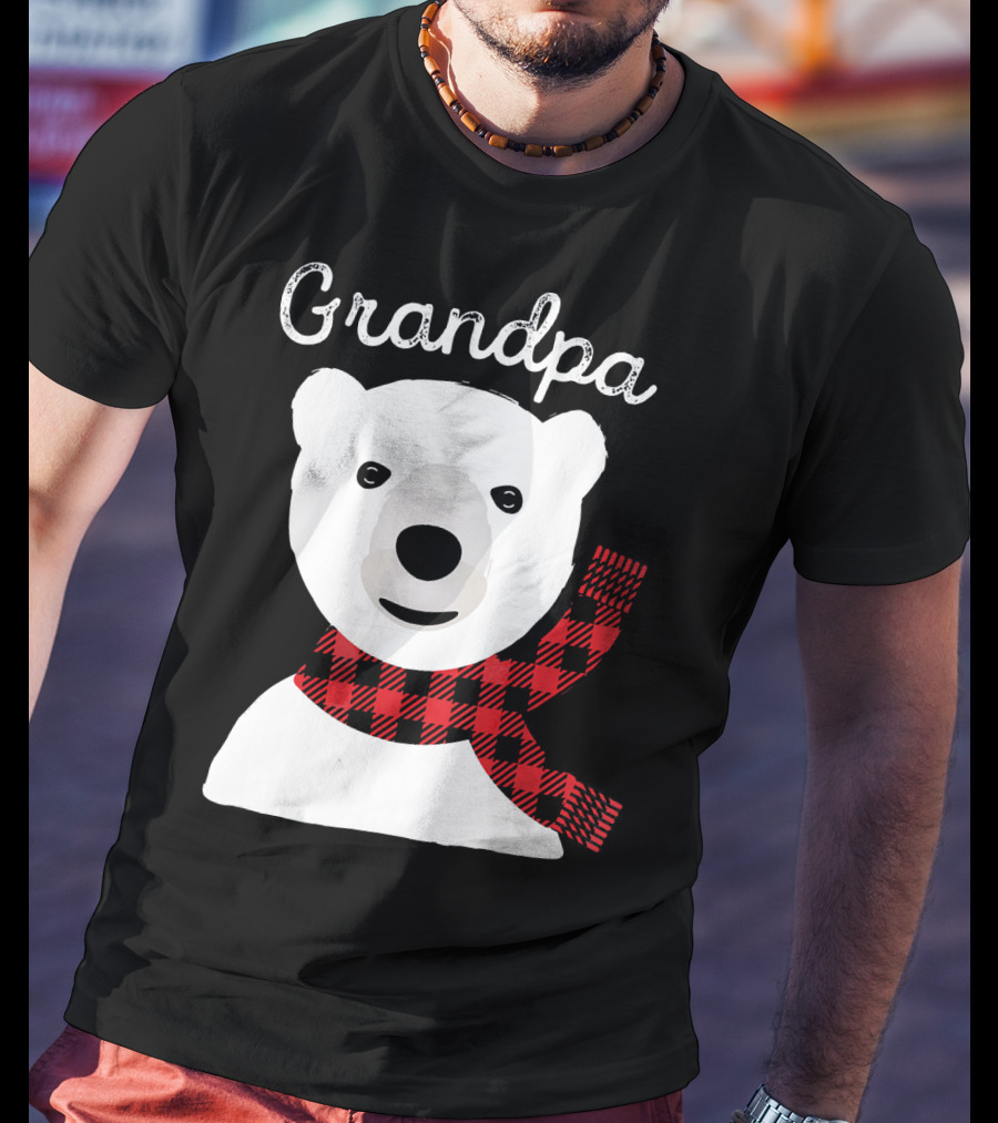 Grandpa Christmas Bear With Red Plaid Scarf Family Matching T-Shirt