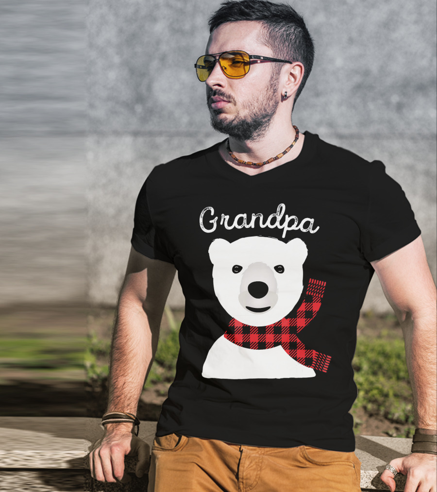 Grandpa Christmas Bear With Red Plaid Scarf Family Matching T-Shirt
