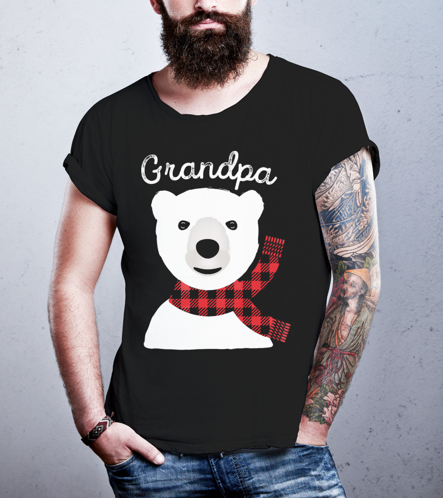Grandpa Christmas Bear With Red Plaid Scarf Family Matching T-Shirt