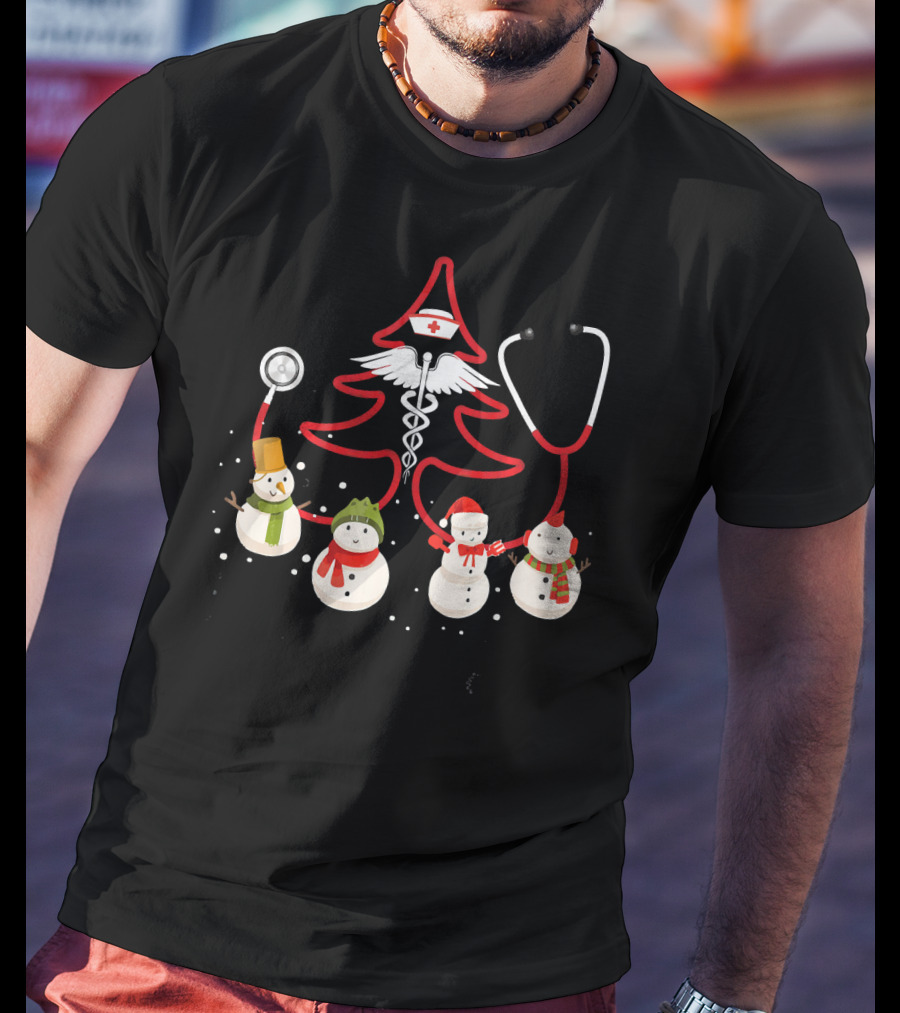 Nurse Christmas Costume Funny Chris Snowmen Stethoscope Tree T-Shirt