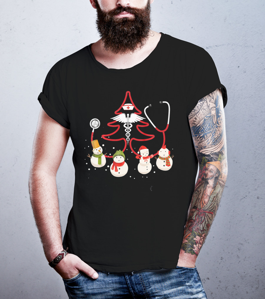 Nurse Christmas Costume Funny Chris Snowmen Stethoscope Tree T-Shirt