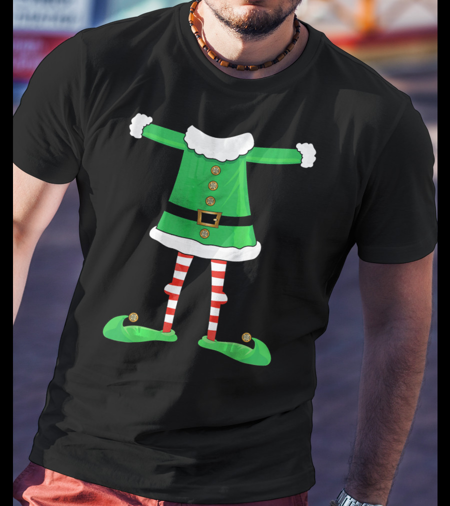 Santa Elf Suit Green Costume With Red Striped Tights And Green Shoes T-Shirt