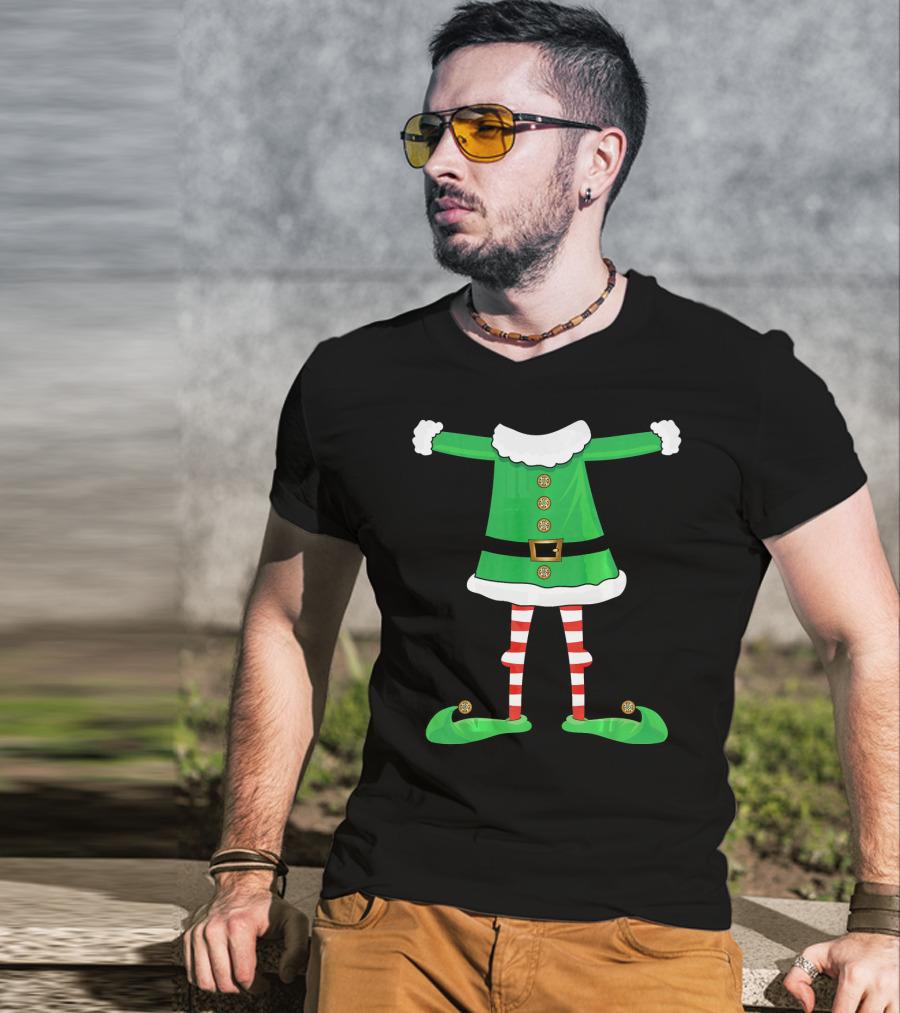 Santa Elf Suit Green Costume With Red Striped Tights And Green Shoes T-Shirt