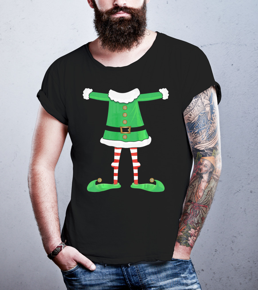 Santa Elf Suit Green Costume With Red Striped Tights And Green Shoes T-Shirt