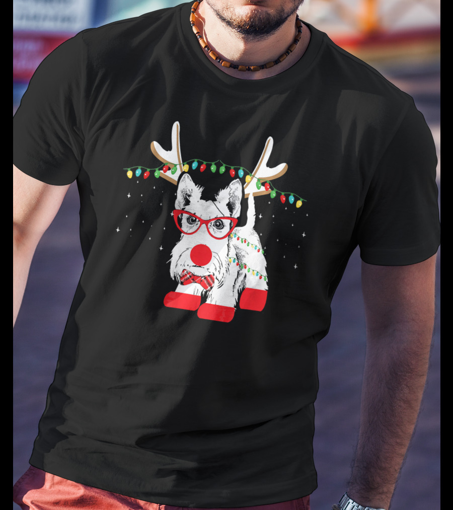 Scottie Dog Christmas Reindeer Lights And Bow Tie T-Shirt