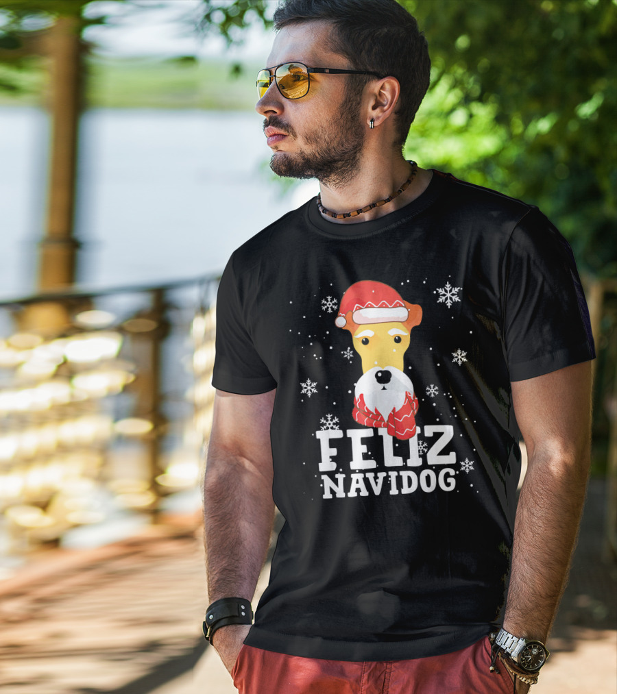 Feliz Navidog Fox Terrier Wire Dog Santa Hat Snowflakes T-Shirt