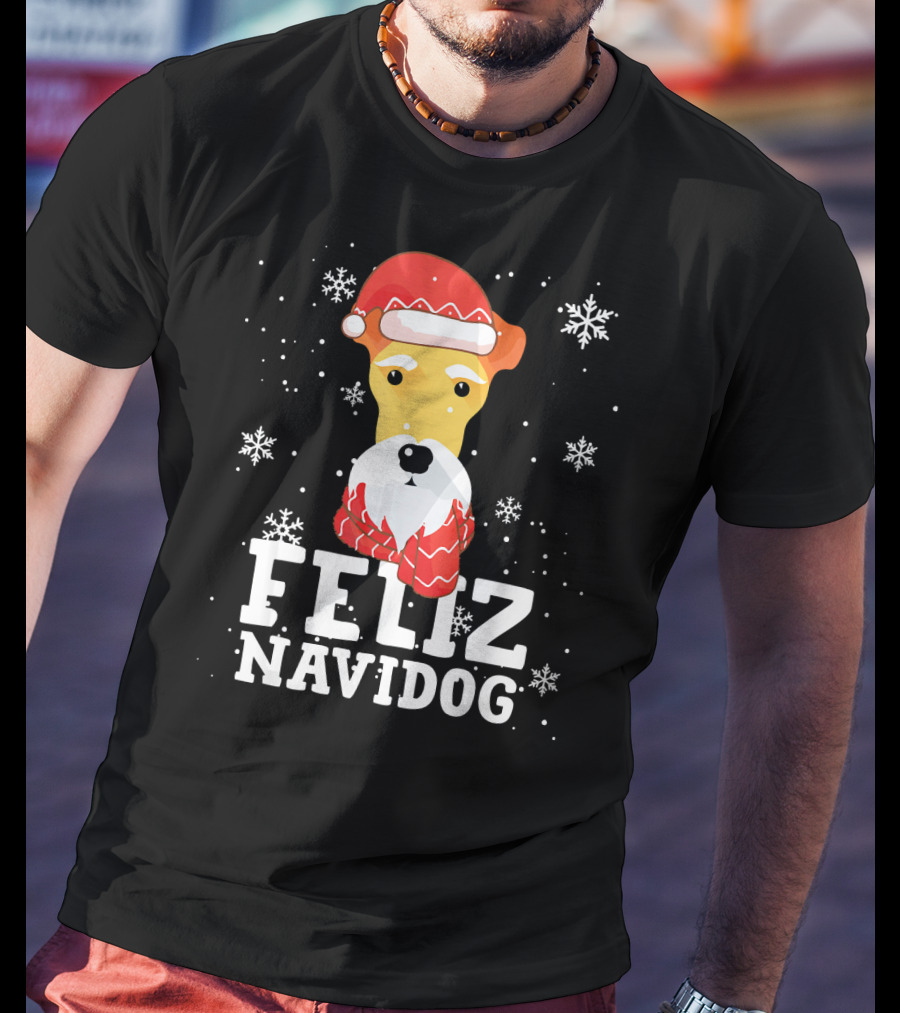 Feliz Navidog Fox Terrier Wire Dog Santa Hat Snowflakes T-Shirt