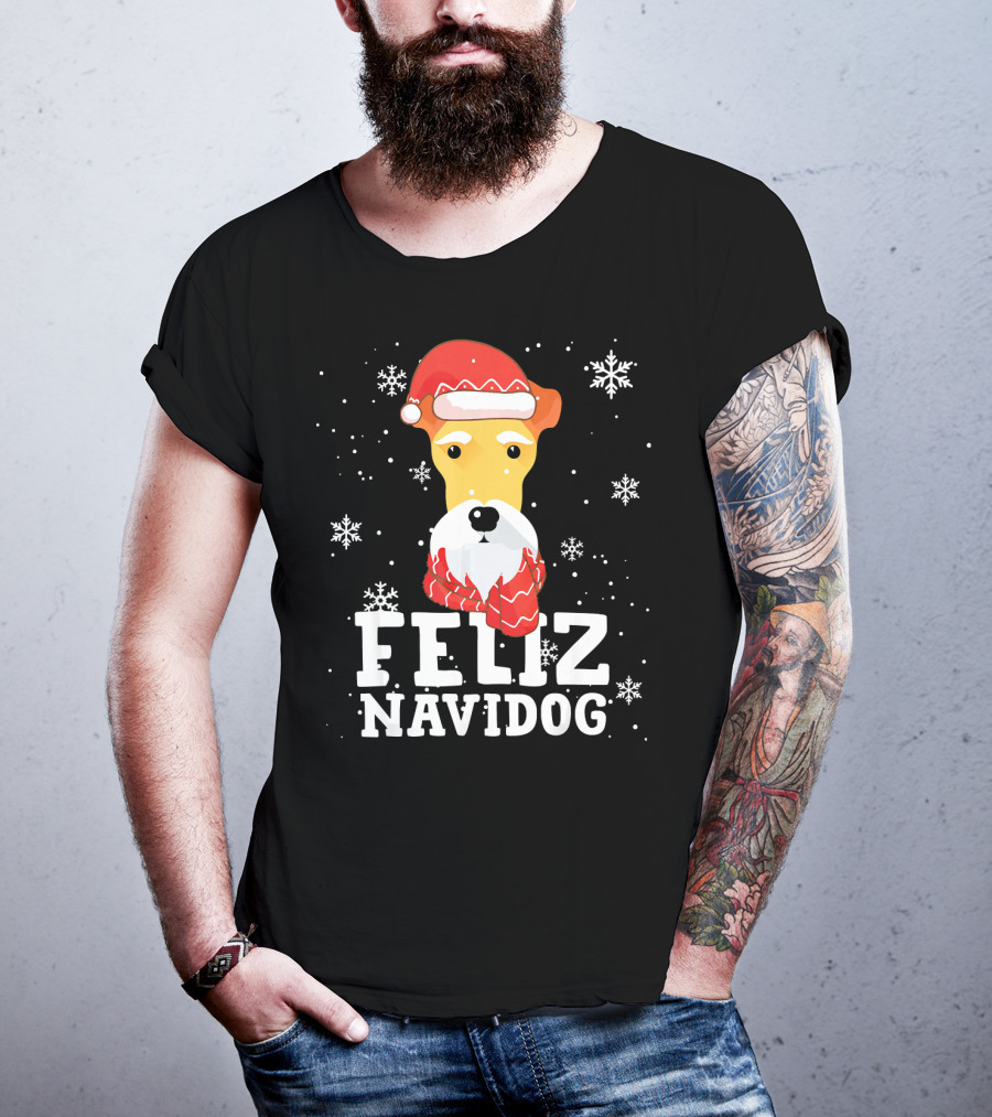 Feliz Navidog Fox Terrier Wire Dog Santa Hat Snowflakes T-Shirt