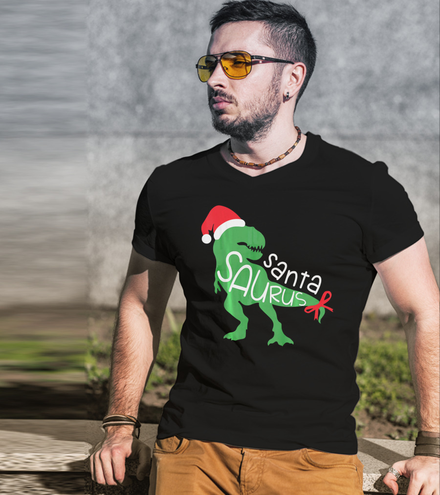 T Rex Dinosaur Santa Saurus Merry Funny Christmas Hat T-Shirt