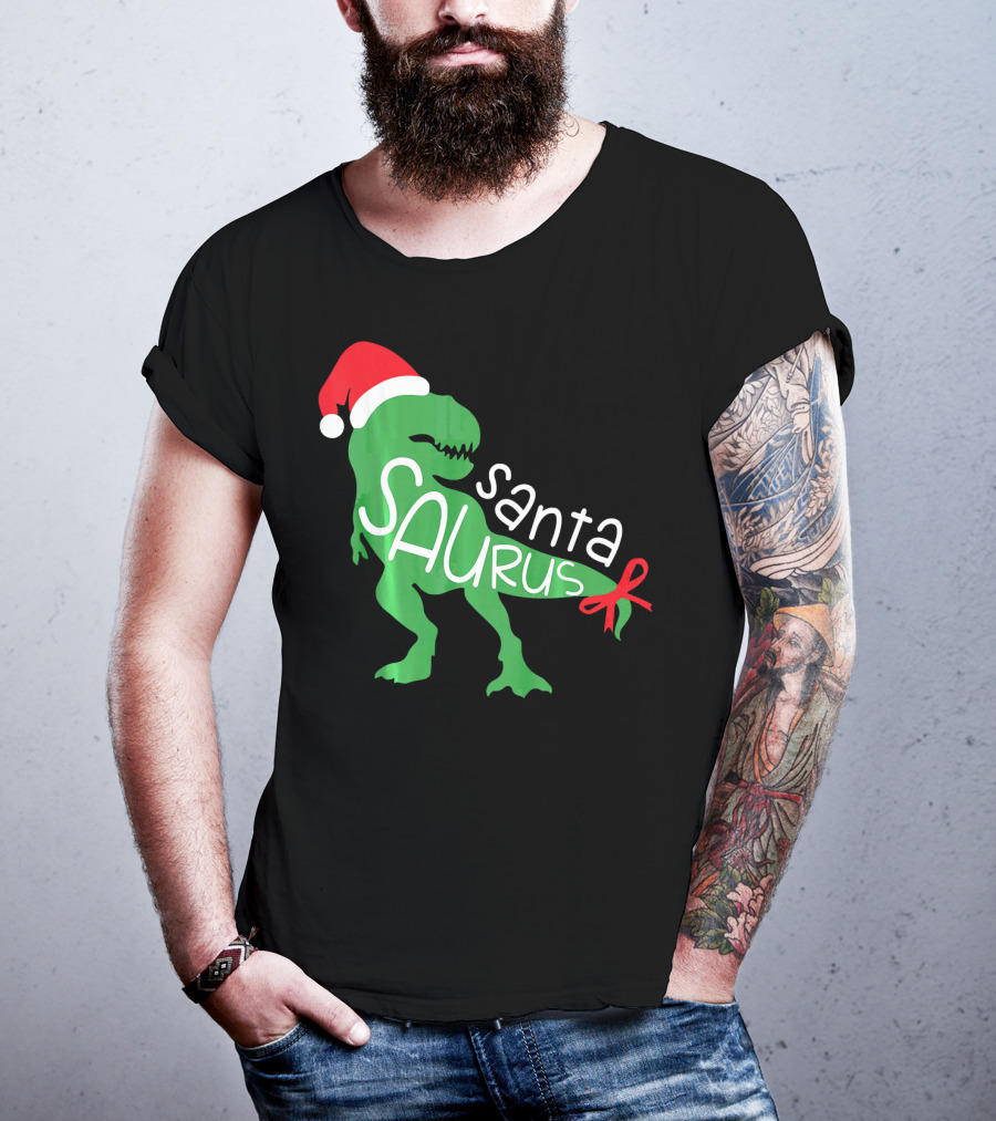 T Rex Dinosaur Santa Saurus Merry Funny Christmas Hat T-Shirt