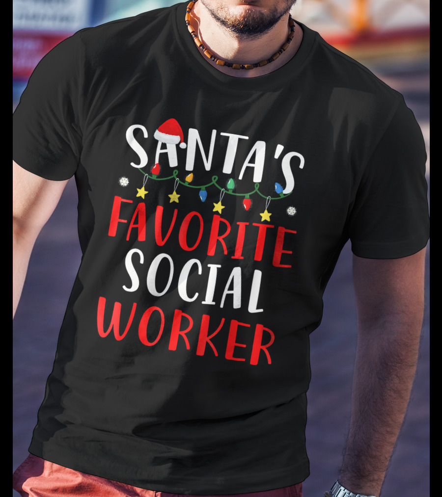 Santa's Favorite Social Worker Christmas Lights Festive Snowflakes Stars T-Shirt