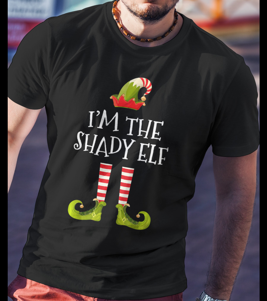 I'm The Shady Elf Christmas Costume Striped Socks Festive Hat Green Shoes T-Shirt