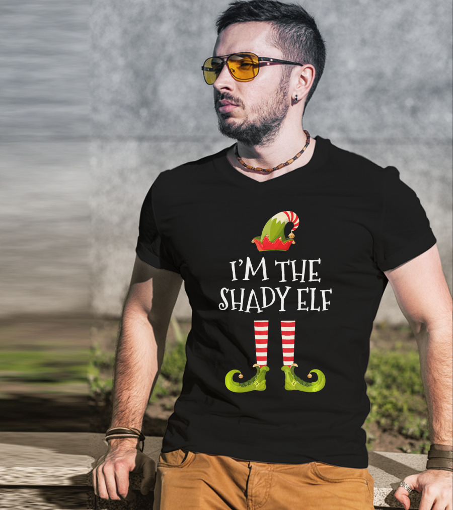 I'm The Shady Elf Christmas Costume Striped Socks Festive Hat Green Shoes T-Shirt