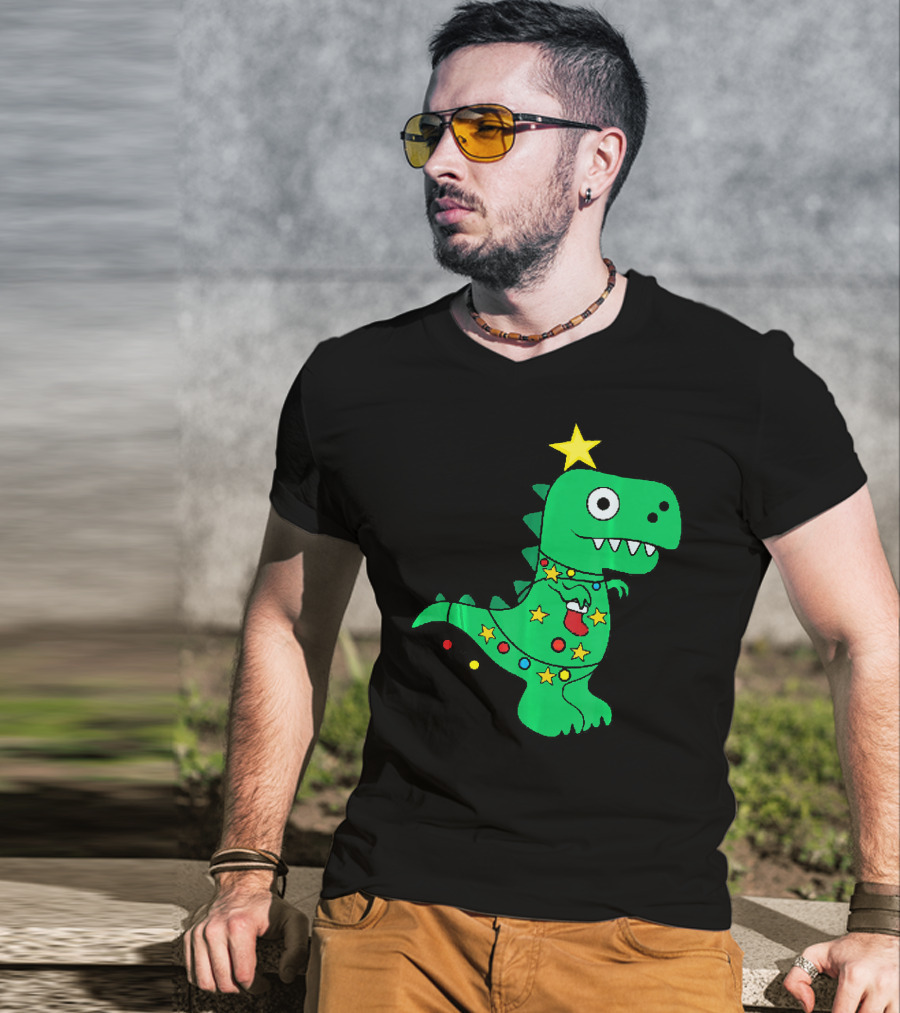 Christmas Dinosaur Rex With Star And Lights T-Shirt