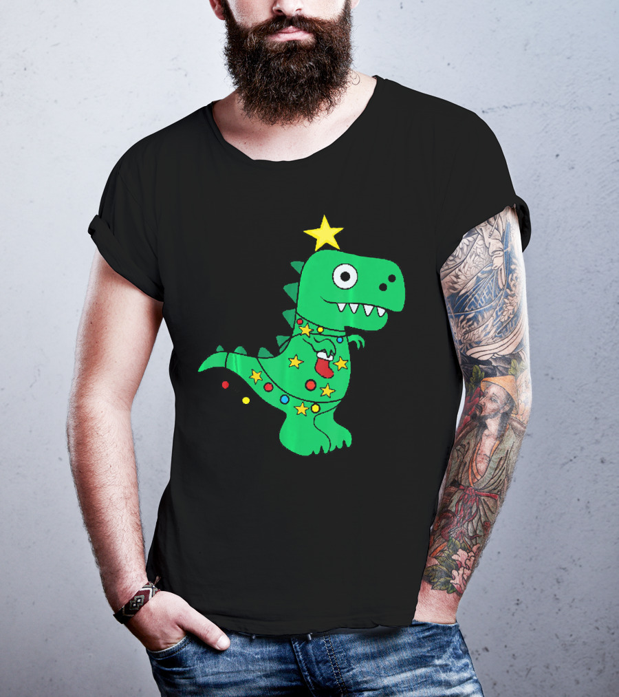Christmas Dinosaur Rex With Star And Lights T-Shirt