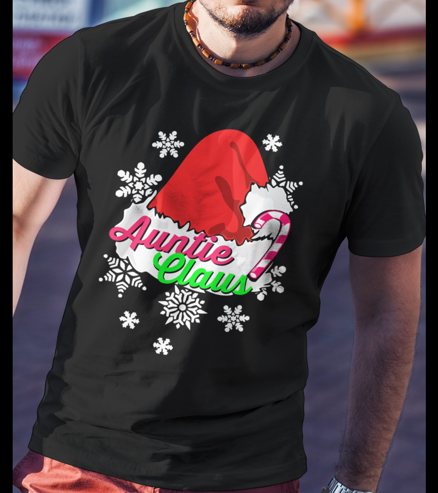 Auntie Claus Christmas Candy Cane Snowflakes Santa Hat T-Shirt
