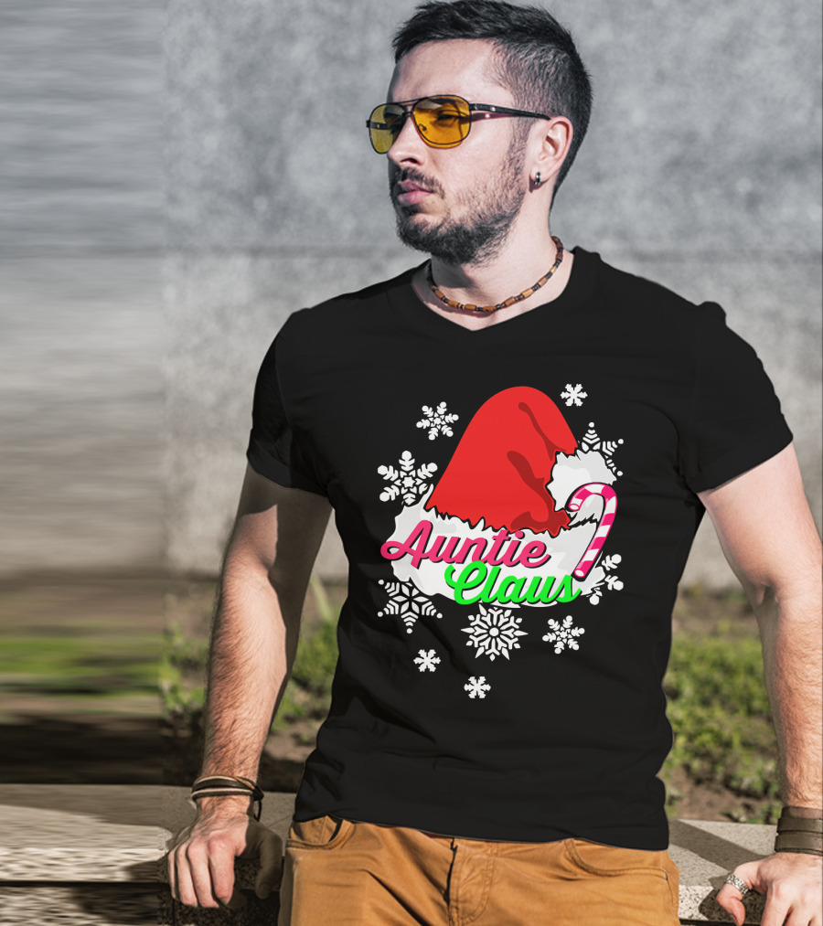Auntie Claus Christmas Candy Cane Snowflakes Santa Hat T-Shirt