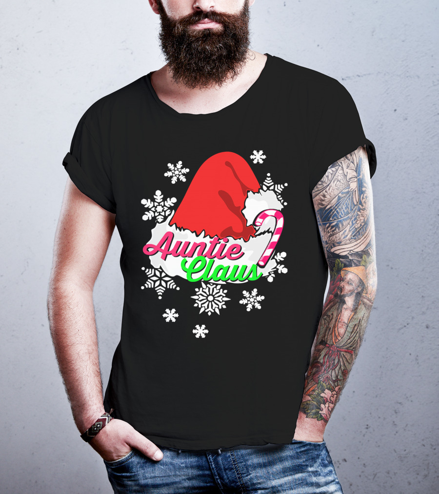 Auntie Claus Christmas Candy Cane Snowflakes Santa Hat T-Shirt