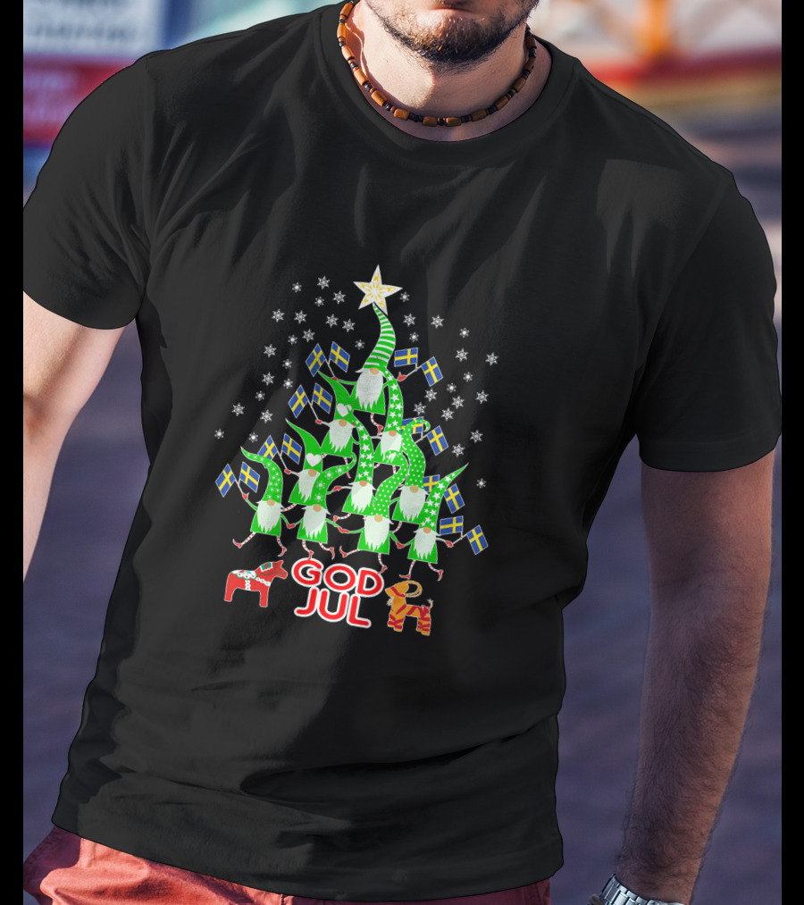 God Jul Christmas Tree Swedish Flags Tomte Nisse Dala Horse T-Shirt
