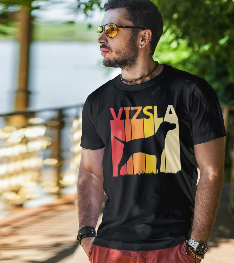 Retro Vizsla Dog Silhouette With Gradient Stripes T-Shirt