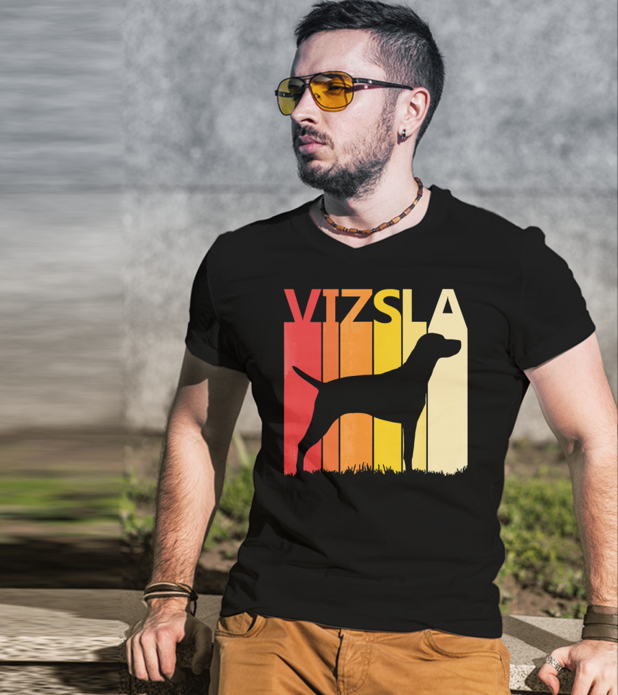 Retro Vizsla Dog Silhouette With Gradient Stripes T-Shirt
