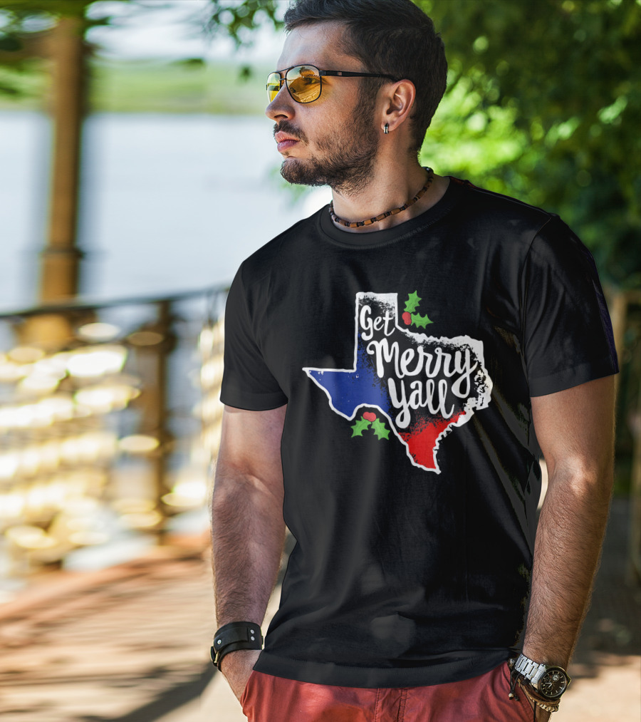 Get Merry Yall Texas State Outline Holly Berries Red White Blue T-Shirt