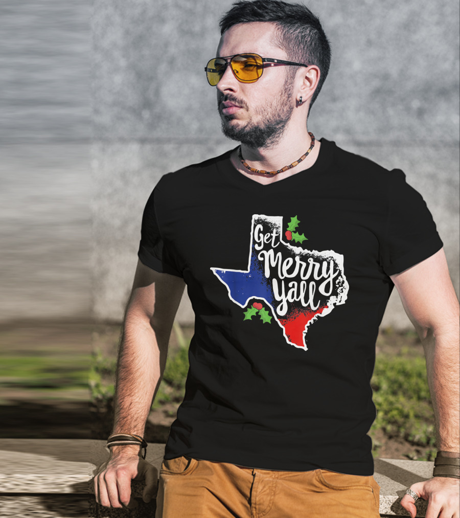 Get Merry Yall Texas State Outline Holly Berries Red White Blue T-Shirt