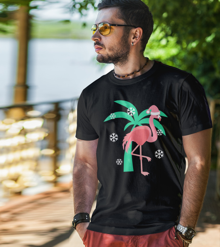 Pink Flamingo With Santa Hat And Palm Tree Snowflakes Christmas T-Shirt