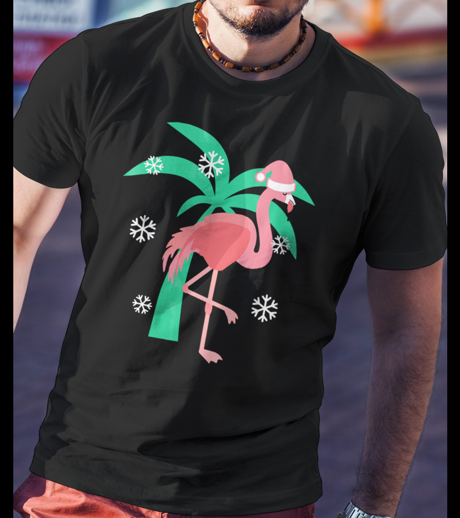 Pink Flamingo With Santa Hat And Palm Tree Snowflakes Christmas T-Shirt