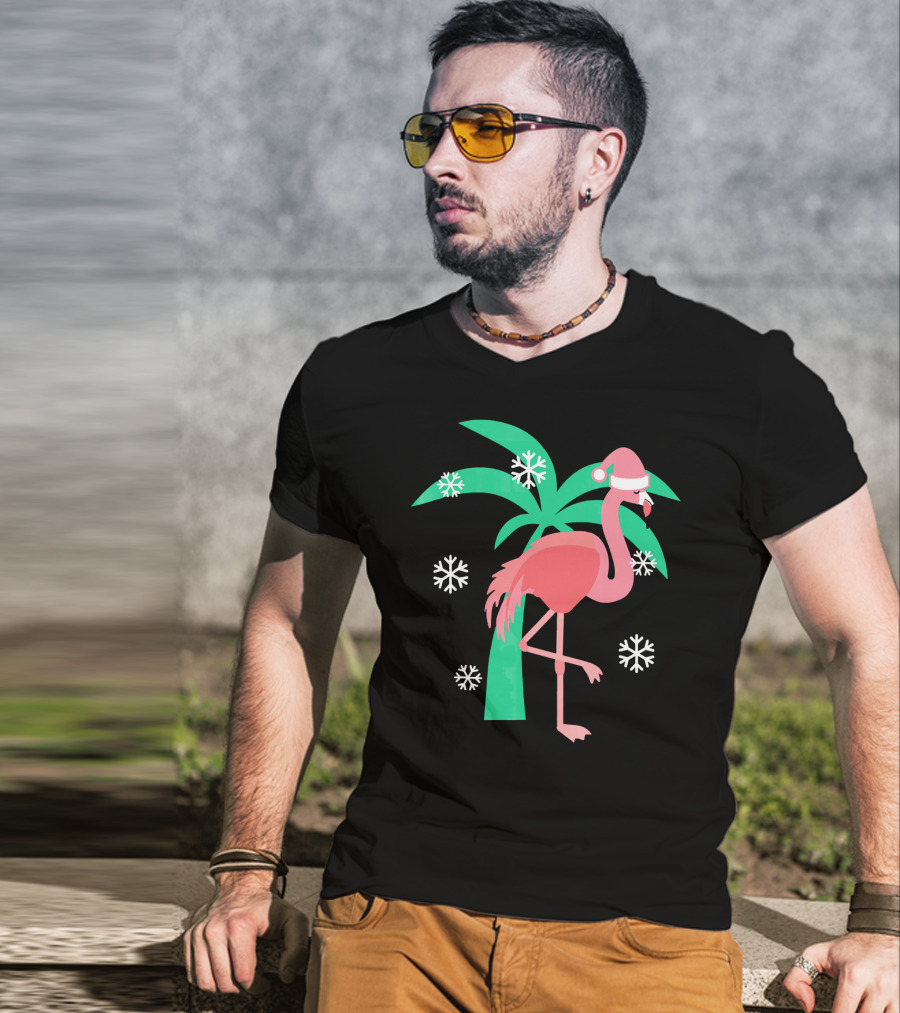 Pink Flamingo With Santa Hat And Palm Tree Snowflakes Christmas T-Shirt